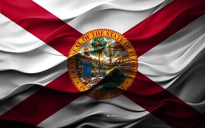 4k, drapeau de la floride, états américains, drapeau de la floride 3d, usa, texture 3d, jour de la floride, symboles nationaux, art 3d, floride