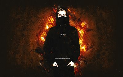 alan walker, englischer dj, grunge  kunst, orangefarbener steinhintergrund, kreative kunst, dj