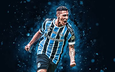 Cristian Pavon, 4k, blue neon lights, Gremio FC, Brazilian Serie A, Argentine footballers, Cristian Pavon 4K, football, soccer, Gremio FBPA, Cristian Pavon Gremio