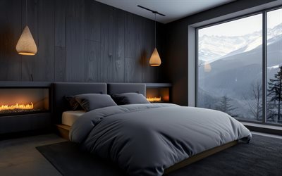 diseño interior de dormitorio con estilo, paredes de madera gris en el dormitorio, cabaña de montaña, dormitorio, ideas de diseño de dormitorio, chimenea en el dormitorio, diseño de interiores moderno