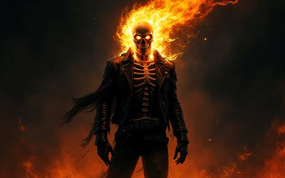 4k, el motorista fantasma sobre un fondo negro, superhéroe, jinete fantasma, personajes populares, superhéroe del motorista fantasma, fondo negro, oscuridad, personaje del jinete fantasma