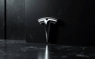 Tesla chrome emblem, black stone stylish elegant background, Tesla logo, Tesla sign, Tesla metal logo, Tesla emblem, Tesla