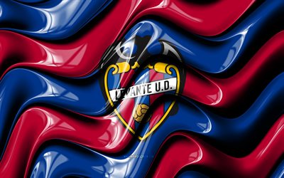 logotipo 3d del levante ud, 4k, ondas 3d rojas azules, laliga, fútbol americano, bandera del levante ud, creativo, logotipo del levante ud, levante ud, la liga, club de fútbol español, fútbol, levante fc