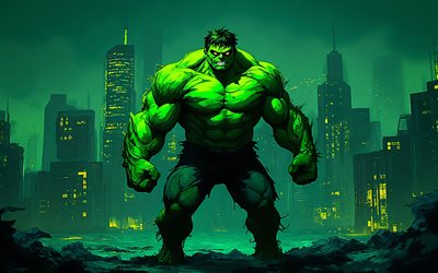 Angry Hulk, 4k, green nightscape, superheroes, abstract art, Marvel Comics, Hulk, Incredible Hulk, green glare, artwork, Hulk art, fan art, Hulk 4K