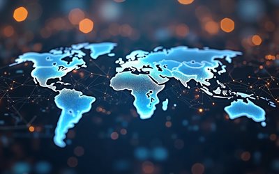 blue neon world map, 4k, digital art, technology background, world maps concepts, digital world, digital world map, world digital technologies, world map