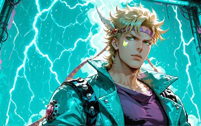 4k, Caesar Anthonio Zeppeli, turquoise abstract background, JoJos Bizarre, manga, turquoise lightings, Shiza Antonio Tseperi, JoJos Bizarre characters, Caesar Anthonio Zeppeli JoJos Bizarre