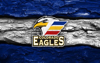Colorado Eagles wooden logo, 4k, blue white wooden background, AHL, hockey, Colorado Eagles logo, Colorado Eagles emblem, american hockey team, Colorado Eagles