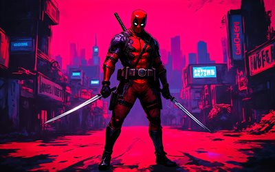 dead pool, 4k, arte grunge, cómics marvel, espadas, paisaje nocturno, superhéroes, obra de arte, arte de deadpool, creativo, de cerca, consorcio inactivo 4k