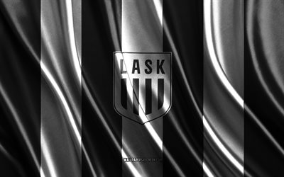 4k, logotipo de lask, bundesliga austriaca, textura de seda blanca y negra, bandera lask, club de fútbol austriaco, fútbol, bandera de seda, emblema lask, austria, insignia lask, lask, club deportivo linzer athletik