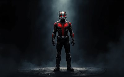 4k, homem formiga em um fundo preto, super herói homem formiga, personagens populares, super herói, homem formiga, fundo preto, escuridão, personagem do homem formiga