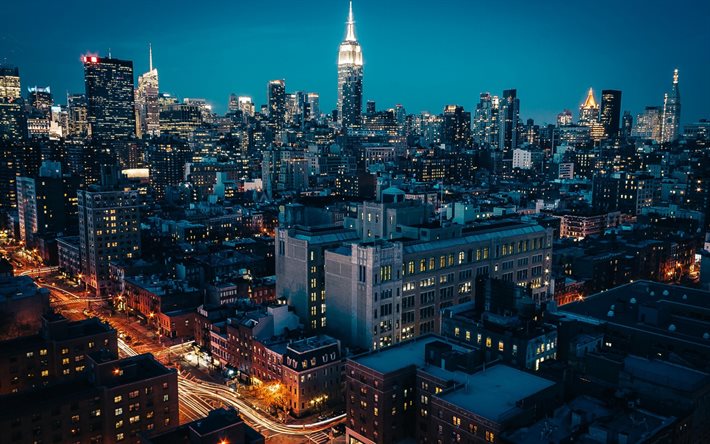 Nueva York, estados unidos, la noche, Manhattan, estados UNIDOS, rascacielos, luces de