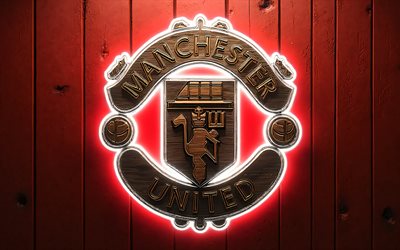 4k, logotipo 3d del manchester united, luces de neón blancas, fondo de madera roja, primera división, fútbol, logotipo del manchester united, equipo de fútbol inglés, emblema del manchester unido, manchester united fc