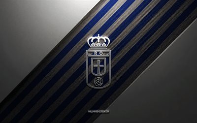 Real Oviedo logo, 4k, steel background, Spanish football club, blue black lines, Real Oviedo emblem, La Liga, football, Real Oviedo, Spain, Real Oviedo metal logo, Real Oviedo crest