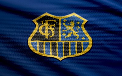 stofflogo des fc saarbrücken, 4k, blauer stoffhintergrund, 3 liga, bokeh, fußball, logo des fc saarbrücken, fc saarbrücken emblem, fc saarbrücken, deutscher fußballverein