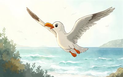 4k, gaivota, natureza abstrata, arte em aquarela, pássaros fofos, pintar arte, criativo, gaivotas, pássaros de desenhos animados, gaivota fofa, obra de arte, gaivota de desenho animado
