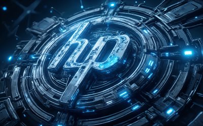 HP logo, 4k, blue neon light, Hewlett Packard, metal art, HP sign, HP 3D metal logo, HP symbol, Hewlett Packard logo, HP creative logo, HP