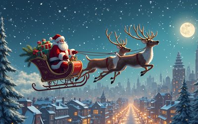 der weihnachtsmann mit seinem rentier im schlitten, 4k, frohe weihnachten, frohes neues jahr, weihnachtsmann im schlitten, ren, weihnachtsabend, weihnachtsmann, geschenklieferung