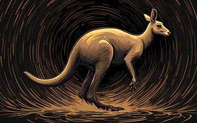 canguru pintado, 4k, fundo abstrato marrom preto, animais desenhados, obra de arte, arte canguru, animais abstratos, canguru, animais de desenho animado