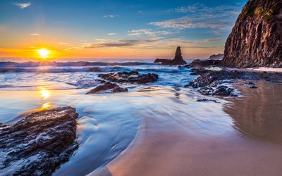 Jones Beach, Gün batımı, 4k, deniz, dalgalar, Avustralya