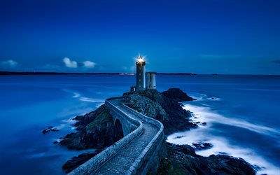 灯台, 夜, 海, フランス, 欧州