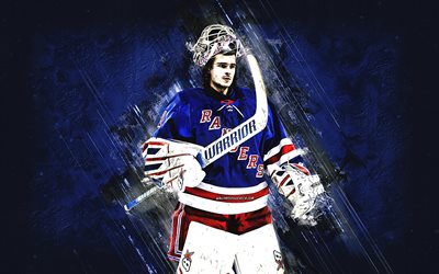 Igor Shesterkin, New York Rangers, Russian hockey player, goalie, blue stone background, NHL, hockey, USA, National Hockey League