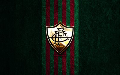 Fluminense FC golden logo, 4k, green stone background, Brazilian Serie A, brazilian football club, Fluminense FC logo, soccer, Fluminense FC emblem, Fluminense, football, Fluminense FC