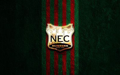 NEC Nijmegen golden logo, 4k, green stone background, Eredivisie, dutch football club, NEC Nijmegen logo, soccer, NEC Nijmegen emblem, NEC Nijmegen, football, NEC FC