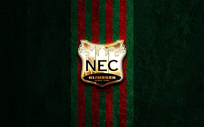 nec nijmegen logo dorato, 4k, sfondo di pietra verde, eredivisi, squadra di calcio olandese, nec nijmegen logo, calcio, emblema del nec nijmegen, nec nimega, nec fc