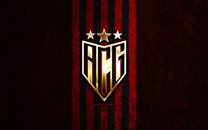 Atletico Goianiense golden logo, 4k, red stone background, Brazilian Serie A, brazilian football club, Atletico Goianiense logo, soccer, Atletico Goianiense emblem, Atletico Goianiense, football, Atletico Goianiense FC