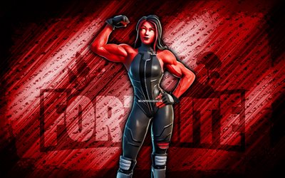 Red She-Hulk Fortnite, 4k, red diagonal background, grunge art, Fortnite, artwork, Red She-Hulk Skin, Fortnite characters, Red She-Hulk, Fortnite Red She-Hulk Skin