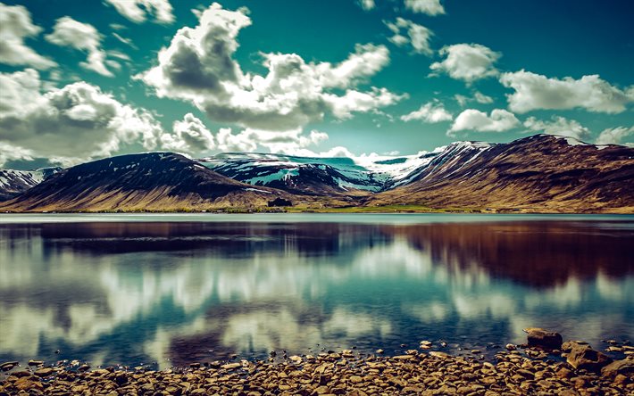berget esja, 4k, isländska landmärken, sjö, reykjavik, island, europa, vacker natur, hdr