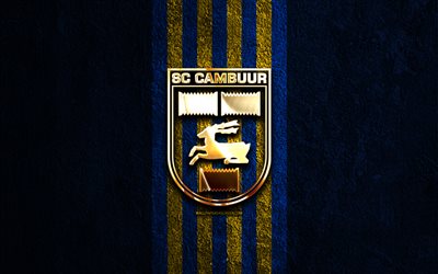 sc カンブールの金色のロゴ, 4k, 青い石の背景, エールディビジ, オランダのサッカークラブ, scカンブールのロゴ, サッカー, scカンブールのエンブレム, scカンブール, フットボール, カンブール fc