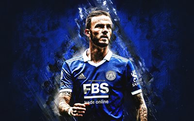 James Maddison, Leicester City FC, english footballer, midfielder, portrait, blue stone background, premier league, england, football