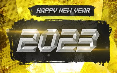 2023 Happy New Year, stone 3D digits, 2023 year, 4k, artwork, 2023 concepts, 2023 3D digits, Happy New Year 2023, grunge art, 2023 yellow background