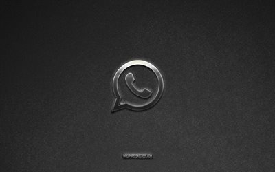 WhatsApp logo, social media brands, gray stone background, WhatsApp emblem, social media logos, WhatsApp, music signs, WhatsApp metal logo, stone texture