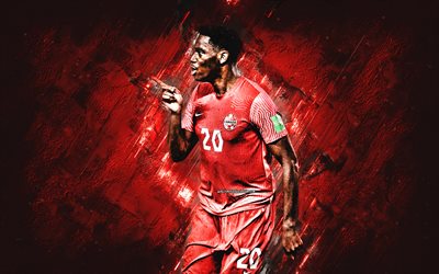 jonathan david, seleção canadense de futebol, jogador de futebol canadense, frente, retrato, fundo de pedra vermelha, futebol, canadá