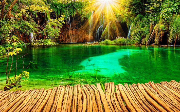 プリトヴィツェ湖群国立公園, 4k, 太陽の光, 滝, クロアチアのランドマーク, 夏, 美しい自然, ヨーロッパ, hdr, クロアチア, 山岳カルスト地帯, プリトヴィツェ湖群