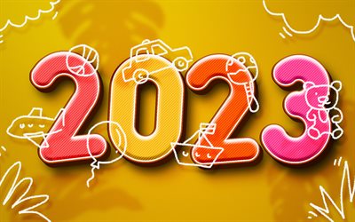 4k, 2023년 새해 복 많이 받으세요, 다채로운 3d 숫자, 2023년 여행 컨셉, 2023년 컨셉, 창의적인, 3d 아트, 2023 다채로운 숫자, 2023 노란색 배경, 2023년, 2023 3d 숫자