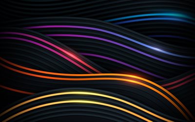 4k, colorful neon waves, vector art, black backgrounds, creative, abstract waves, background with waves, 3D waves