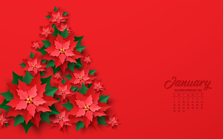 calendrier janvier 2023, 4k, fond de noël rouge, concepts 2023, janvier, arbre de noël de fleurs, calendriers 2023