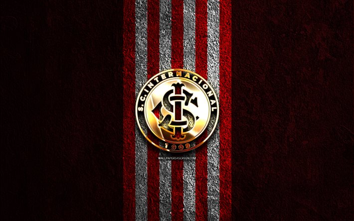 sc internacionals gyllene logotyp, 4k, röd sten bakgrund, brasilianska serie a, brasiliansk fotbollsklubb, sc internacionals logotyp, fotboll, sc internacional emblem, sc internacional, internacional fc