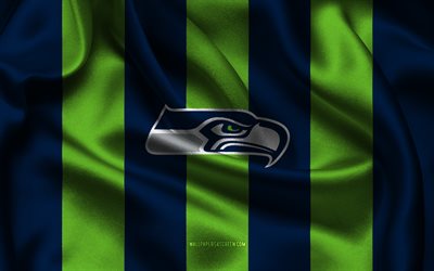 4k, logo des seahawks de seattle, tissu de soie vert bleu, équipe de football américain, emblème des seahawks de seattle, nfl, insigne des seahawks de seattle, etats unis, football américain, drapeau des seahawks de seattle