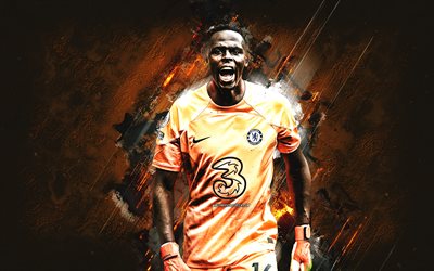 Edouard Mendy, Chelsea FC, Senegalese football player, goalkeeper, orange stone background, Premier League, England, football