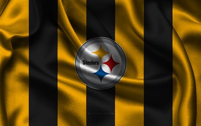 4k, pittsburgh steelersin logo, keltainen musta silkkikangas, amerikkalainen jalkapallojoukkue, pittsburgh steelersin tunnus, nfl, pittsburgh steelers  merkki, usa, amerikkalainen jalkapallo, pittsburgh steelersin lippu