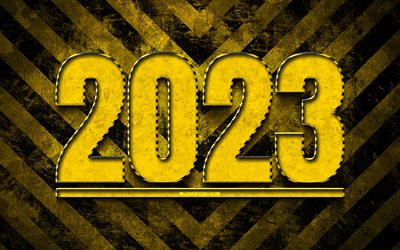 4k, bonne année 2023, chiffres 3d jaunes, 2023 année, lignes d'avertissement, ouvrages d'art, concepts 2023, 2023 chiffres 3d, grunge art, 2023 fond jaune