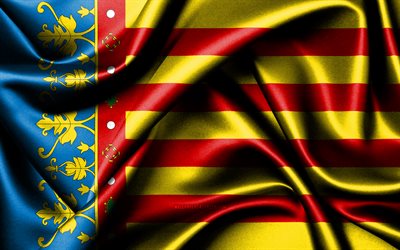 Valencia flag, 4K, spanish provinces, fabric flags, Day of Valencia, flag of Valencia, wavy silk flags, Spain, Provinces of Spain, Valencia