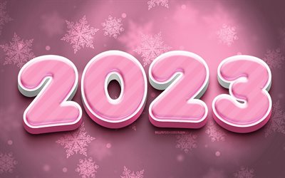 4k, 2023년 새해 복 많이 받으세요, 창의적인, 분홍색 3d 숫자, 2023년 컨셉, 분홍색 눈송이 배경, 2023 3d 숫자, 2023 핑크 배경, 2023년, 2023년 겨울 컨셉