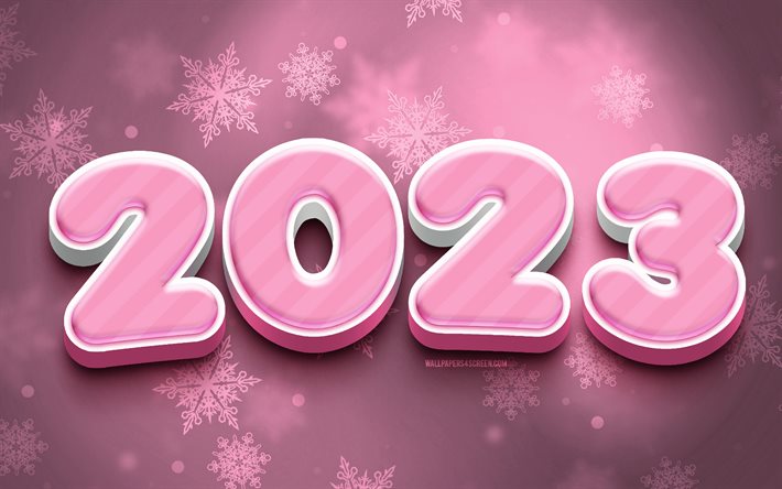 4k, bonne année 2023, créatif, chiffres 3d roses, concepts 2023, fond de flocons de neige rose, 2023 chiffres 3d, 2023 fond rose, 2023 année, concepts d'hiver 2023