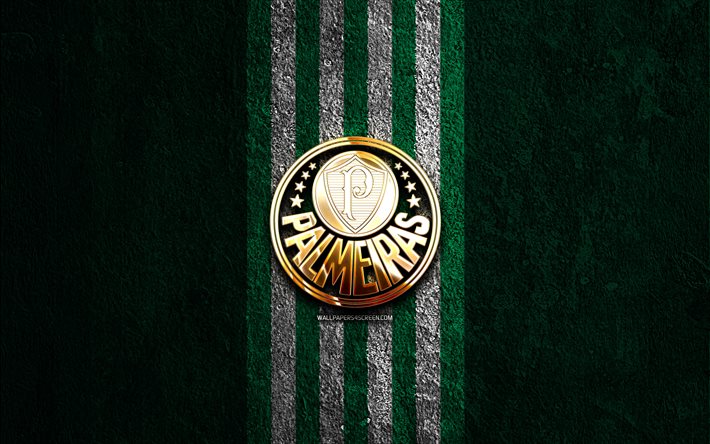 SE Palmeiras golden logo, 4k, green stone background, Brazilian Serie A, brazilian football club, SE Palmeiras logo, soccer, SE Palmeiras emblem, SE Palmeiras, football, Palmeiras FC