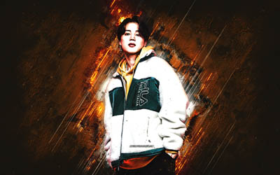 jimin, bts, ritratto, sfondo di pietra arancione, arte del grunge, parco jimin, cantante sudcoreano, k pop, arte creativa
